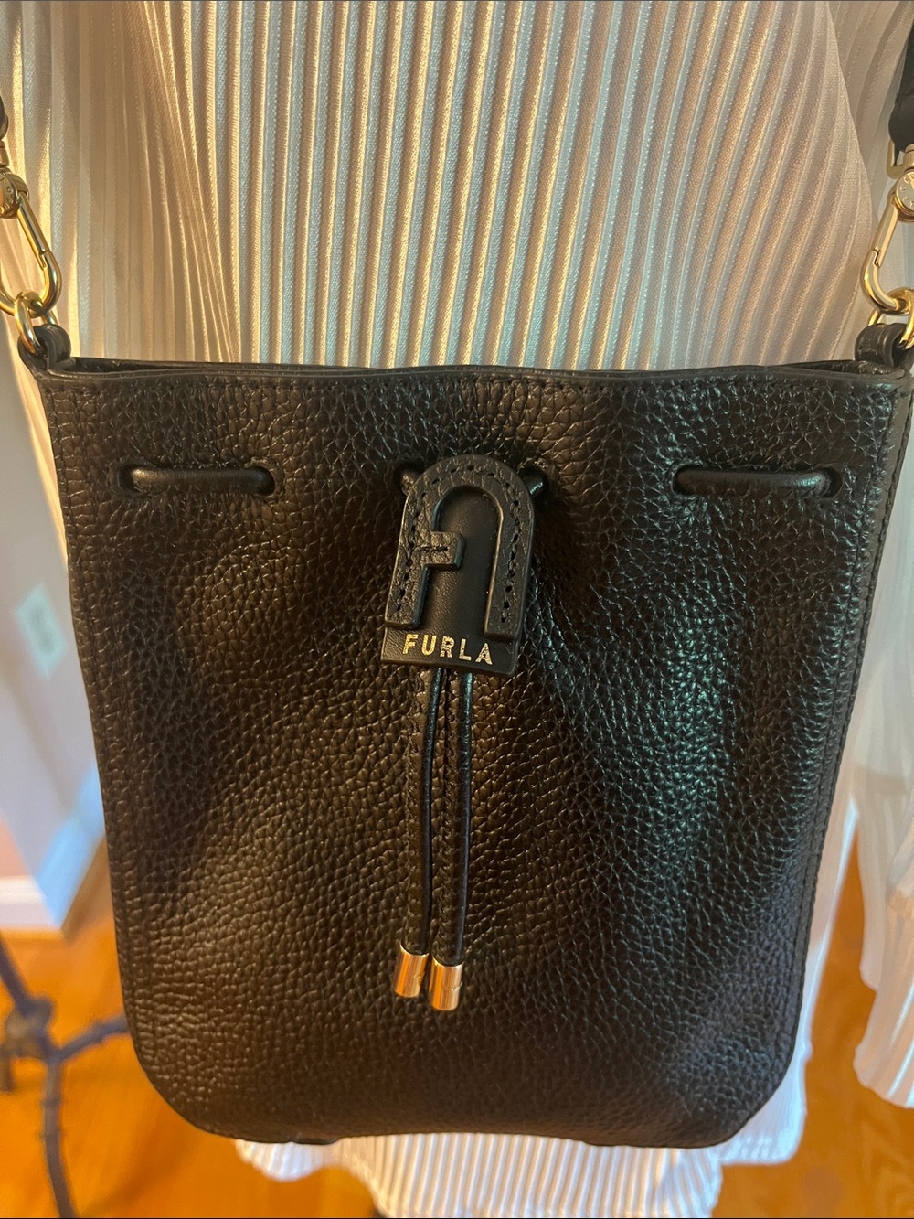 Furla Black Pebbled Leather Drawstring Crossbody with Gold Accents